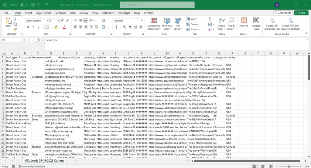 Event leads CSV file opened in Excel
