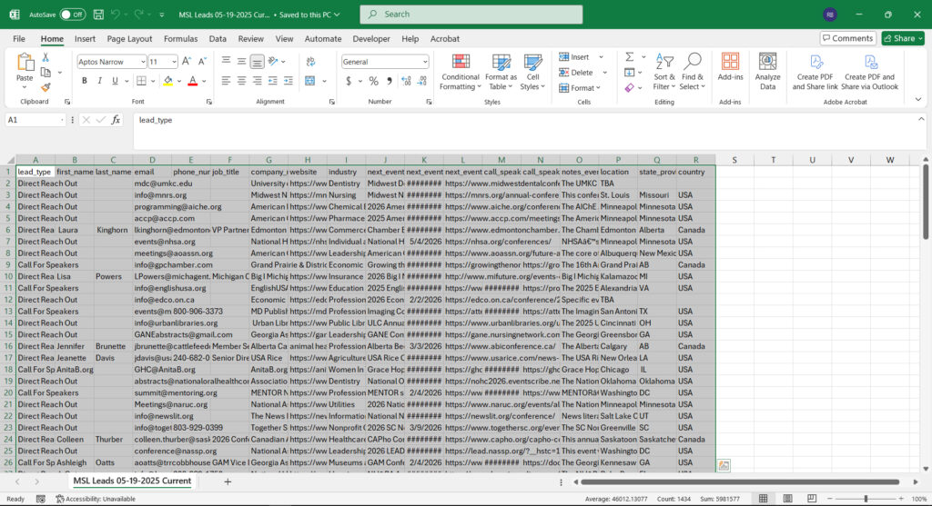 All event leads selected in Excel