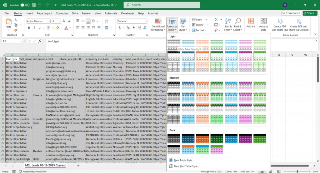 The 'Format as Table' drop-down menu in Excel