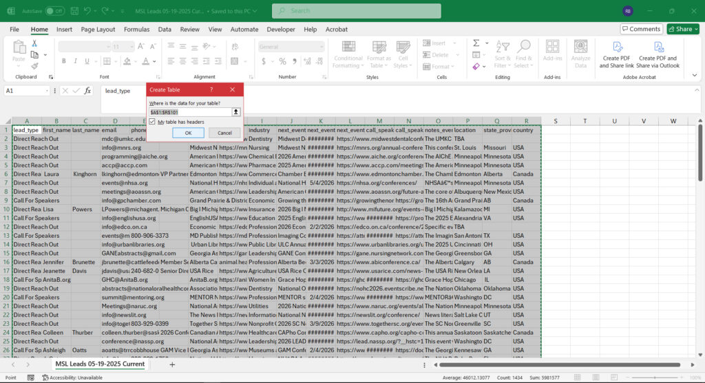 Data entry box with 'my data has headers' checked
