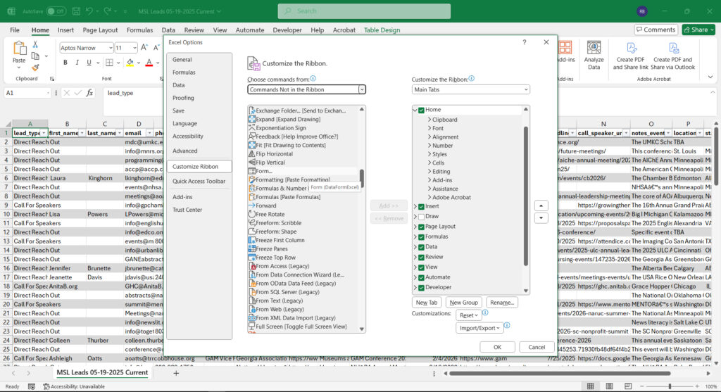 Customize the Ribbon dialogue box in Excel